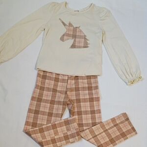 btween Cream Top & Pink Plaid Unicorn Pajama Set